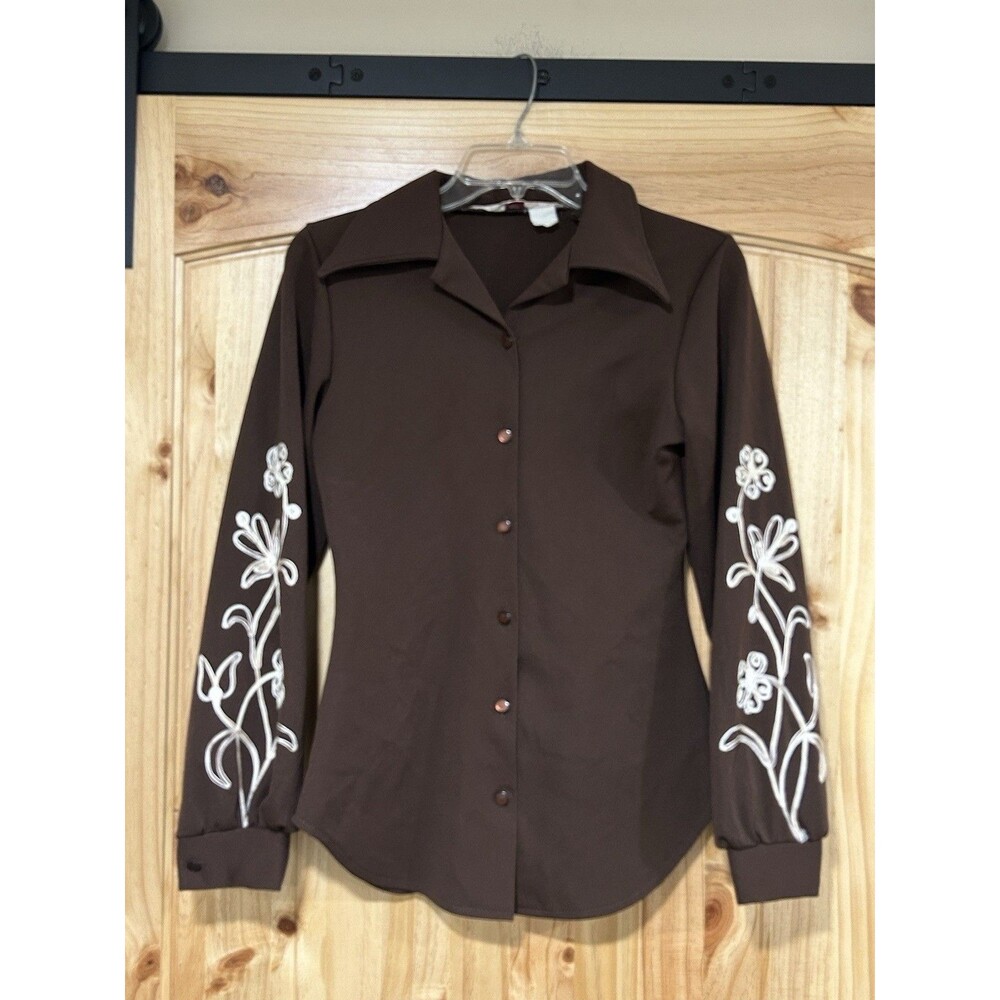 VTG H Bar C California Rancher wear Woman’s Long Sleeve Brown Floral Embroidery